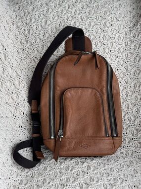 Fossil Brown Leather Sling Crossbody Backpack Bag Multi Zip
